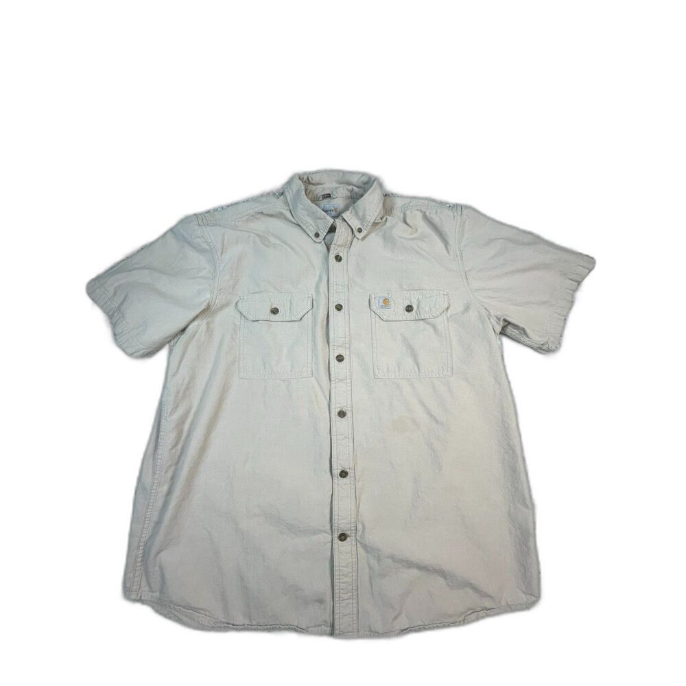Carhartt Relaxed Fit Shirt Mens XL Beige Short Sleeve Button Front Work Cotton